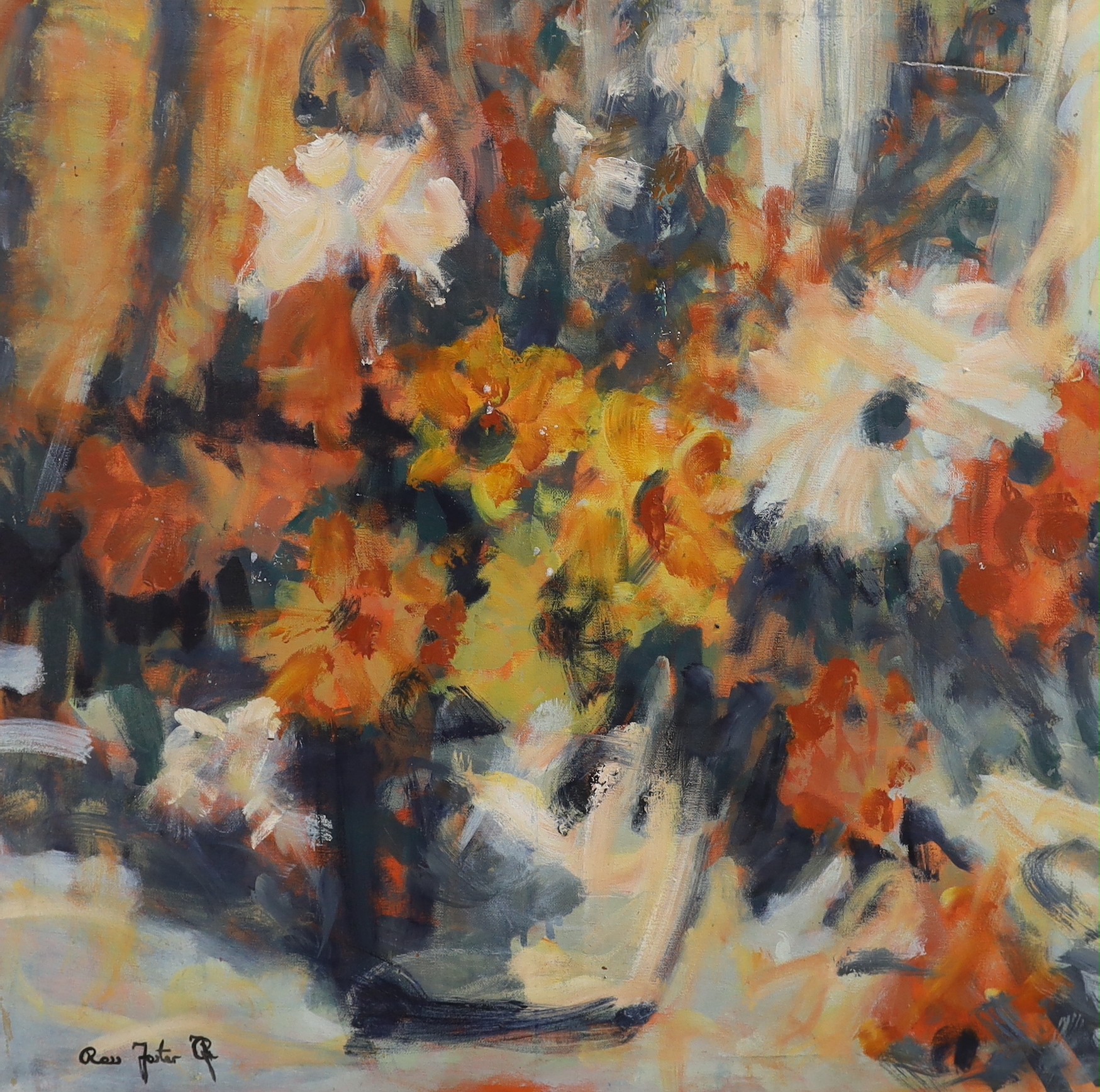 Ross Foster (Contemporary), oil on canvas, Still life of flowers in a vase, signed, 70 x 70cm, unframed
